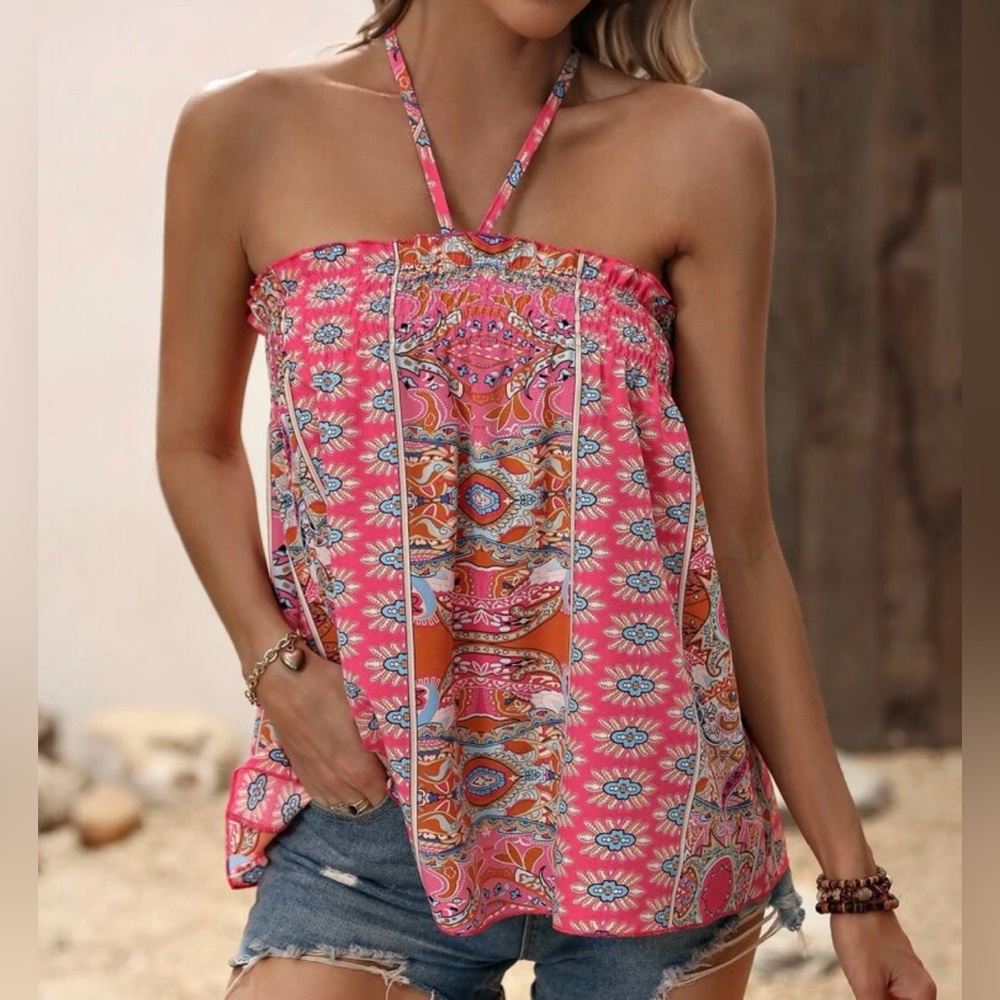 Boho Floral Print Halter Tank Top - Picture 9 of 9